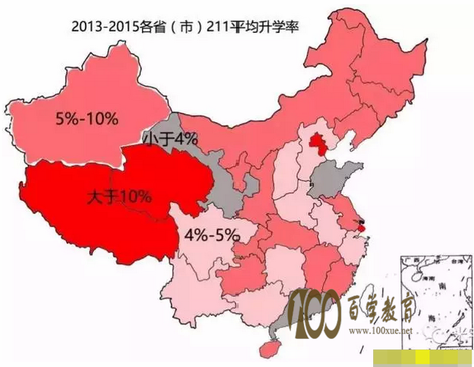 为了更直观看211学校在各省(市)的平均升学率,在地图上标识了下.